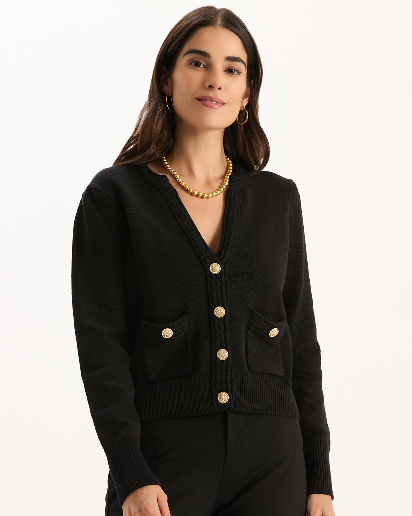Mallory Gold Button Cardigan in black with gold buttons, curated in Fredericksburg TX boutique