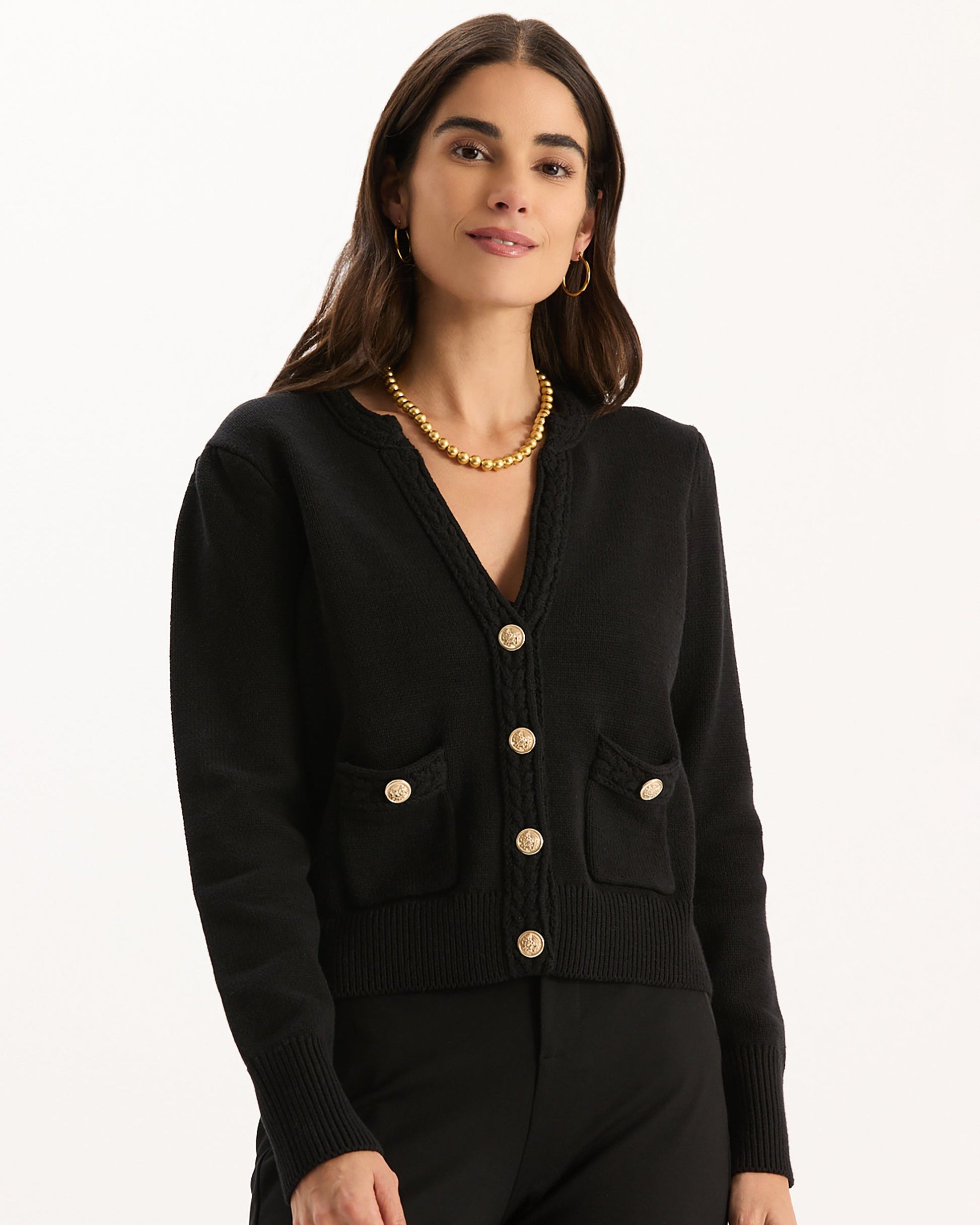 Mallory Gold Button Cardigan in black with gold buttons, curated in Fredericksburg TX boutique