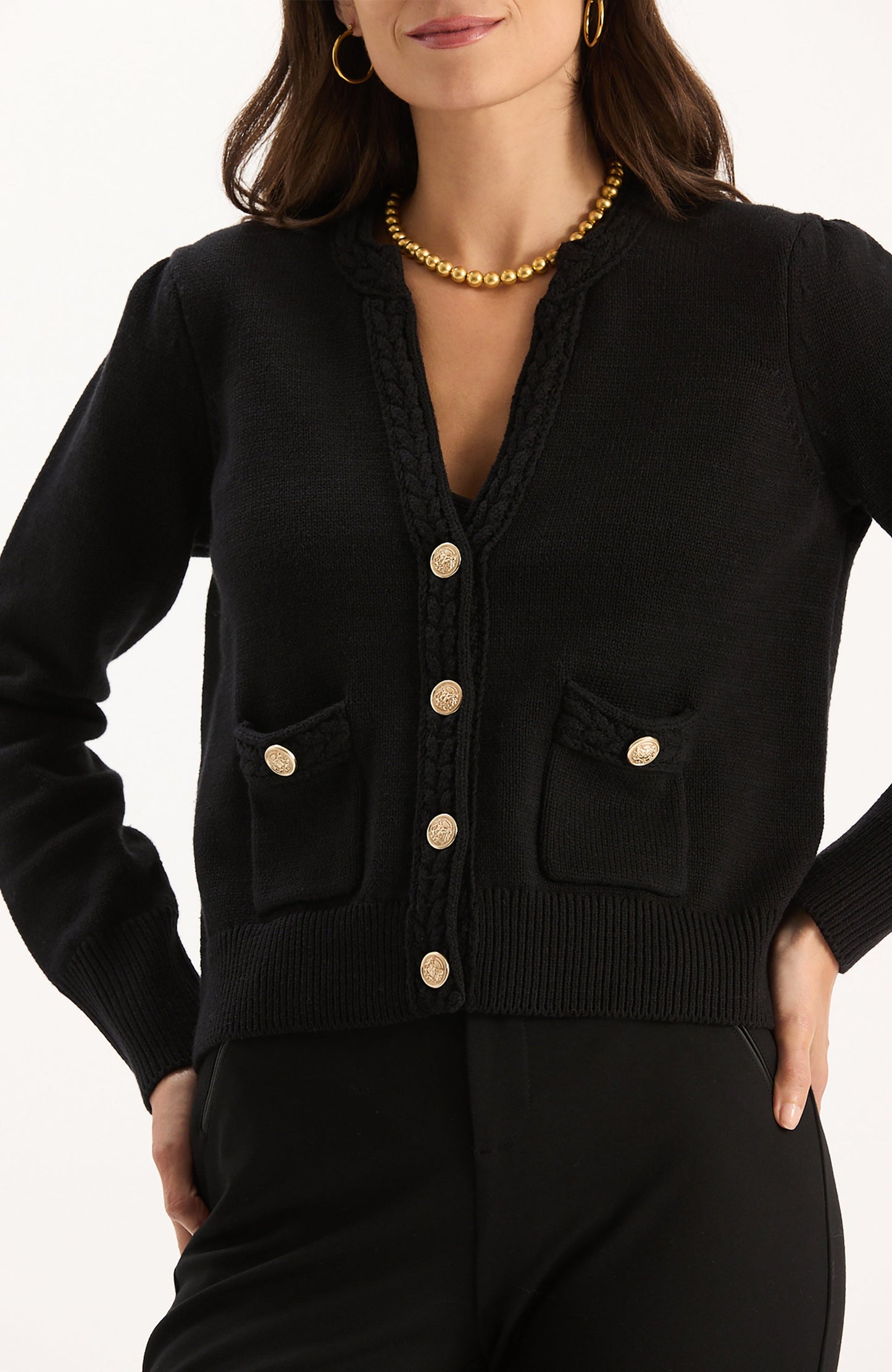 Mallory Gold Button Cardigan in black with gold buttons, curated Fredericksburg TX boutique