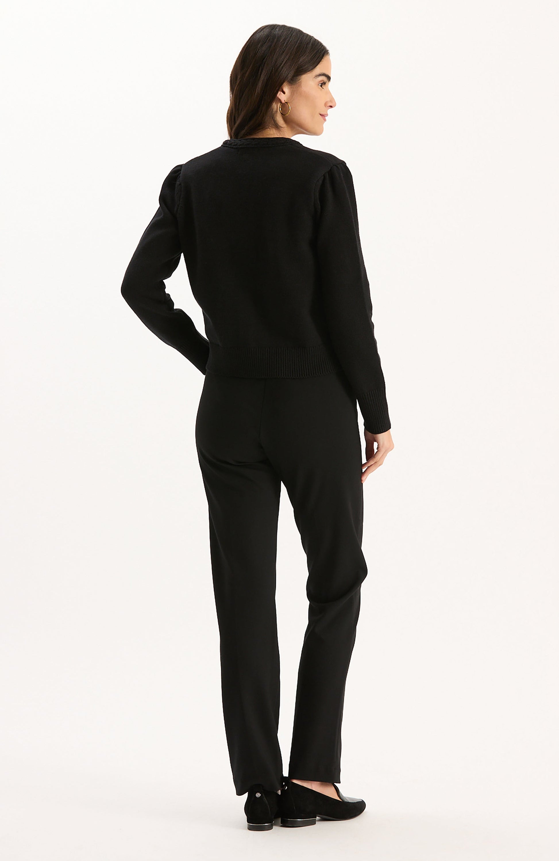 Mallory Gold Button Cardigan in black, stylish women's sweater curated in Fredericksburg, Texas boutique