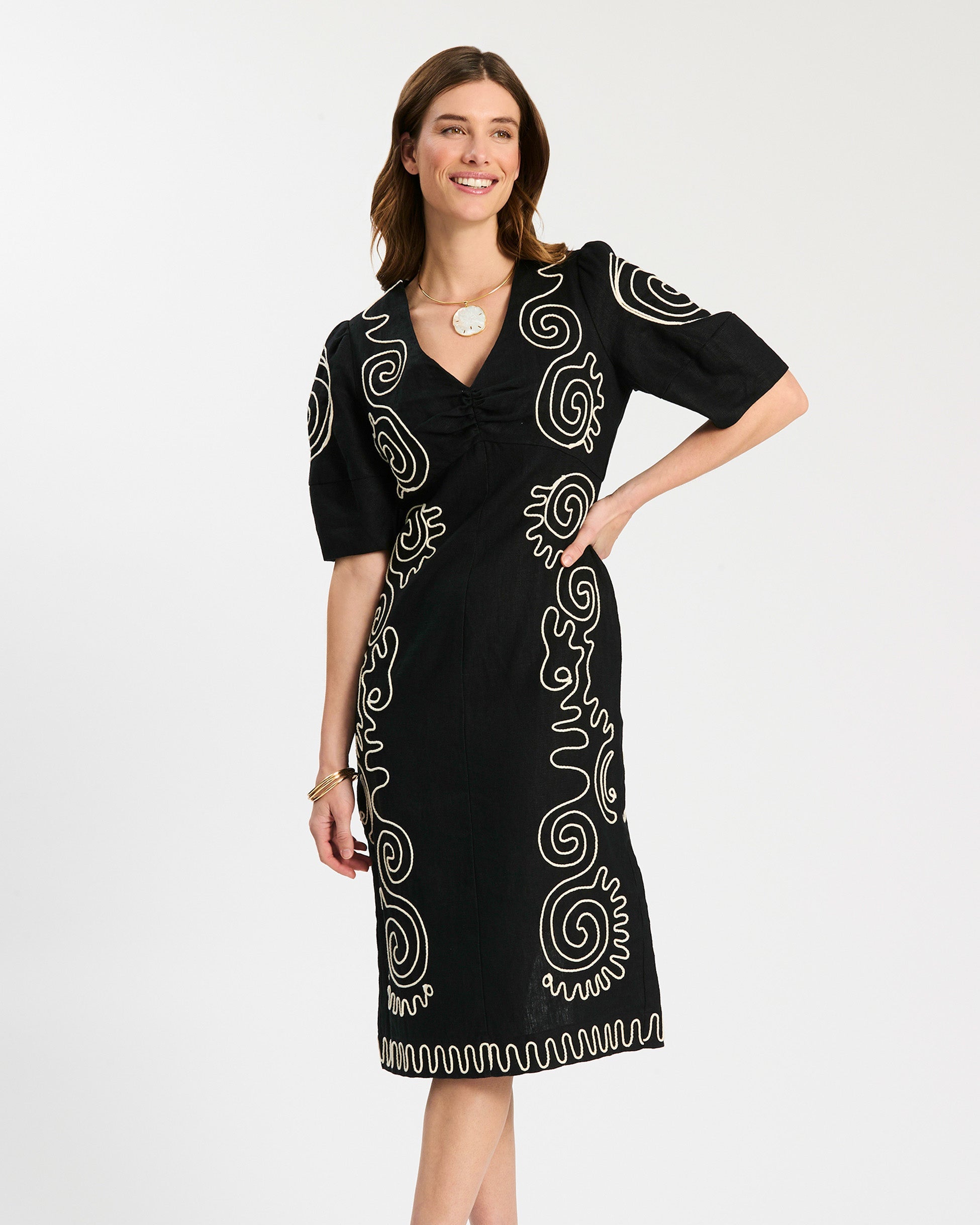 Posey Linen Embroidered Midi Dress