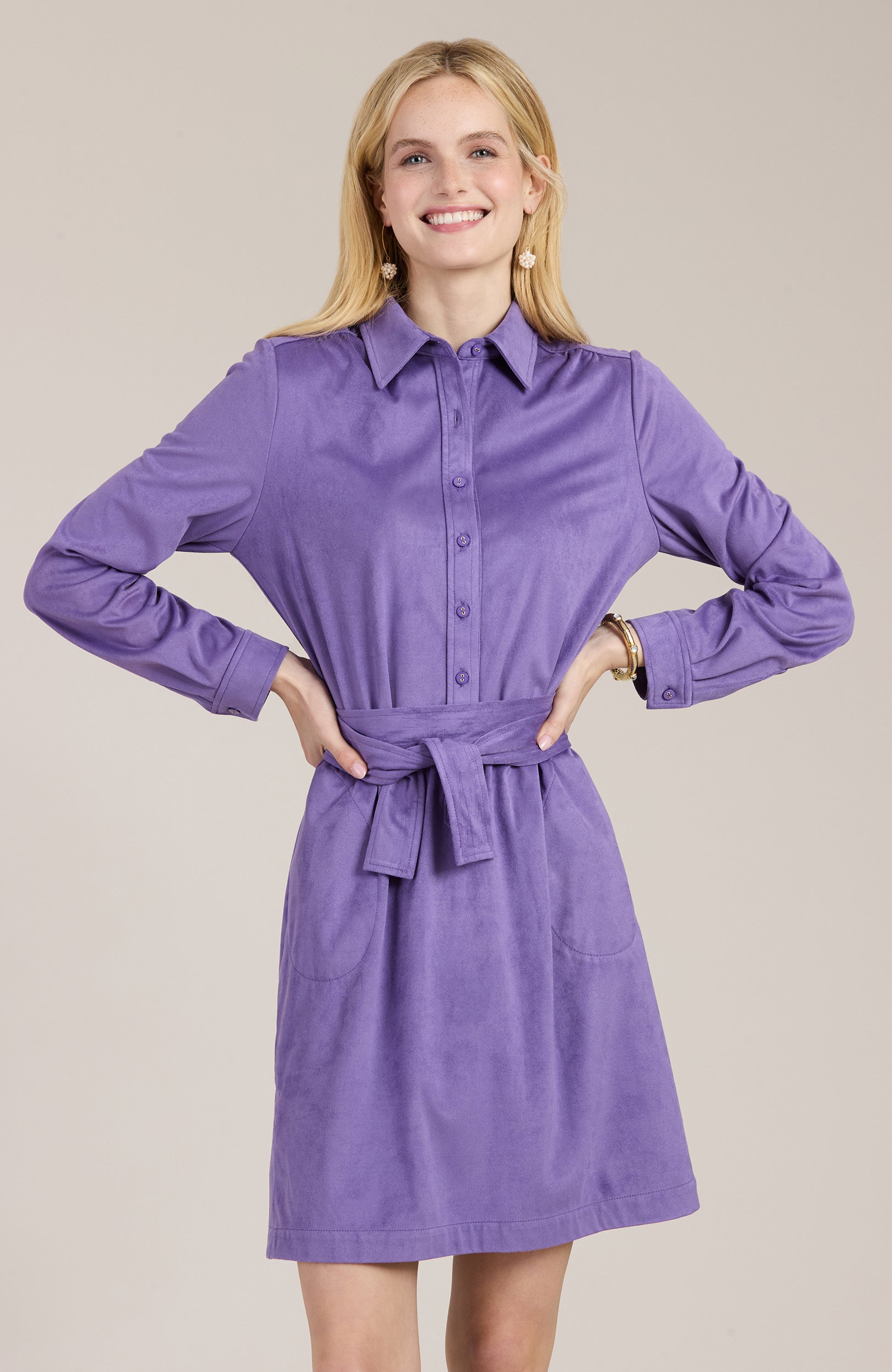 faux suede shirt dress Office Suede Dress Women's Faux Suede Button-Up Shirt Dress With Belt
