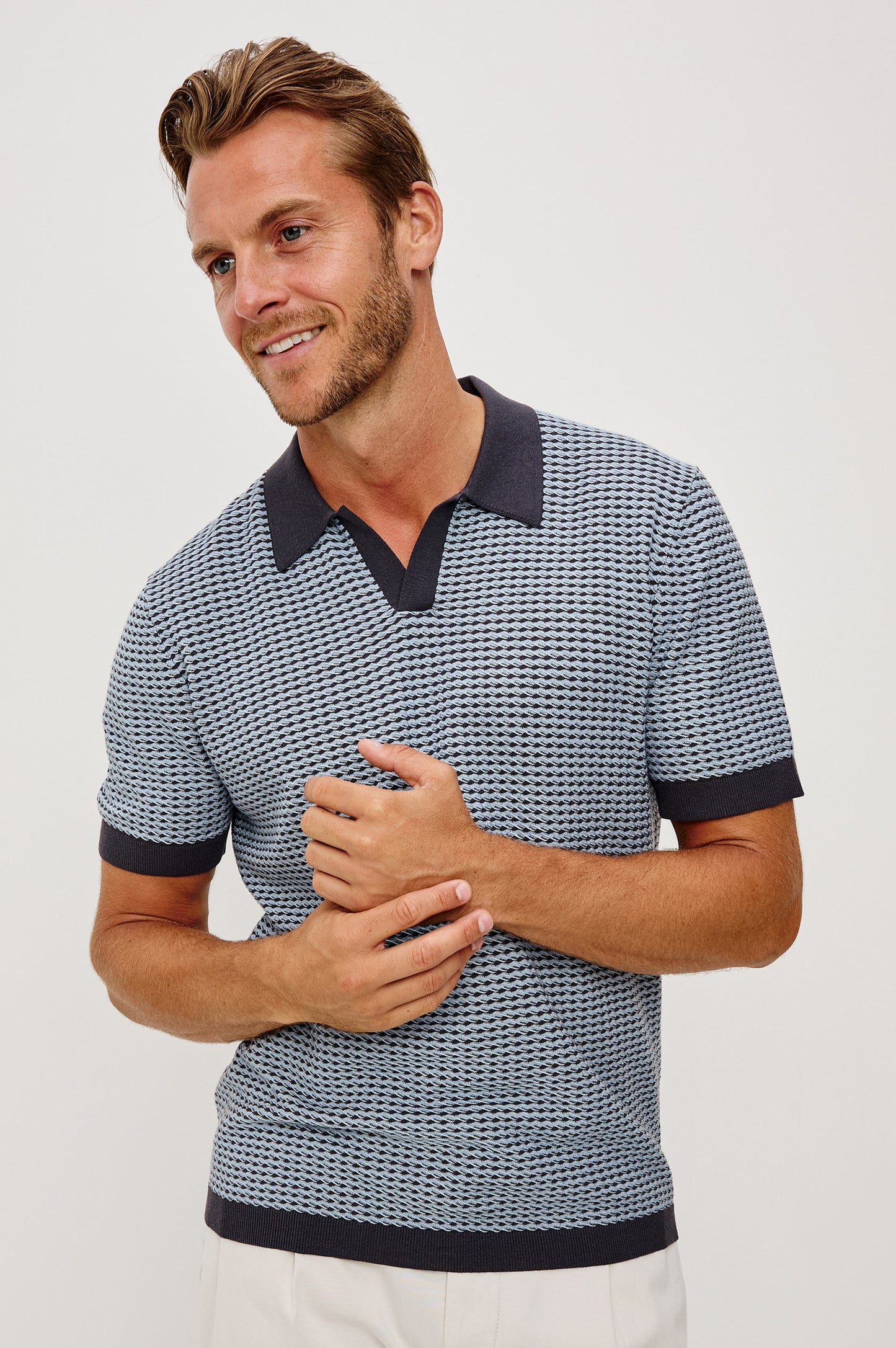 Hayden polo in blue lagoon ripple cotton-silk blend with dark contrast collar and trim by RAILS