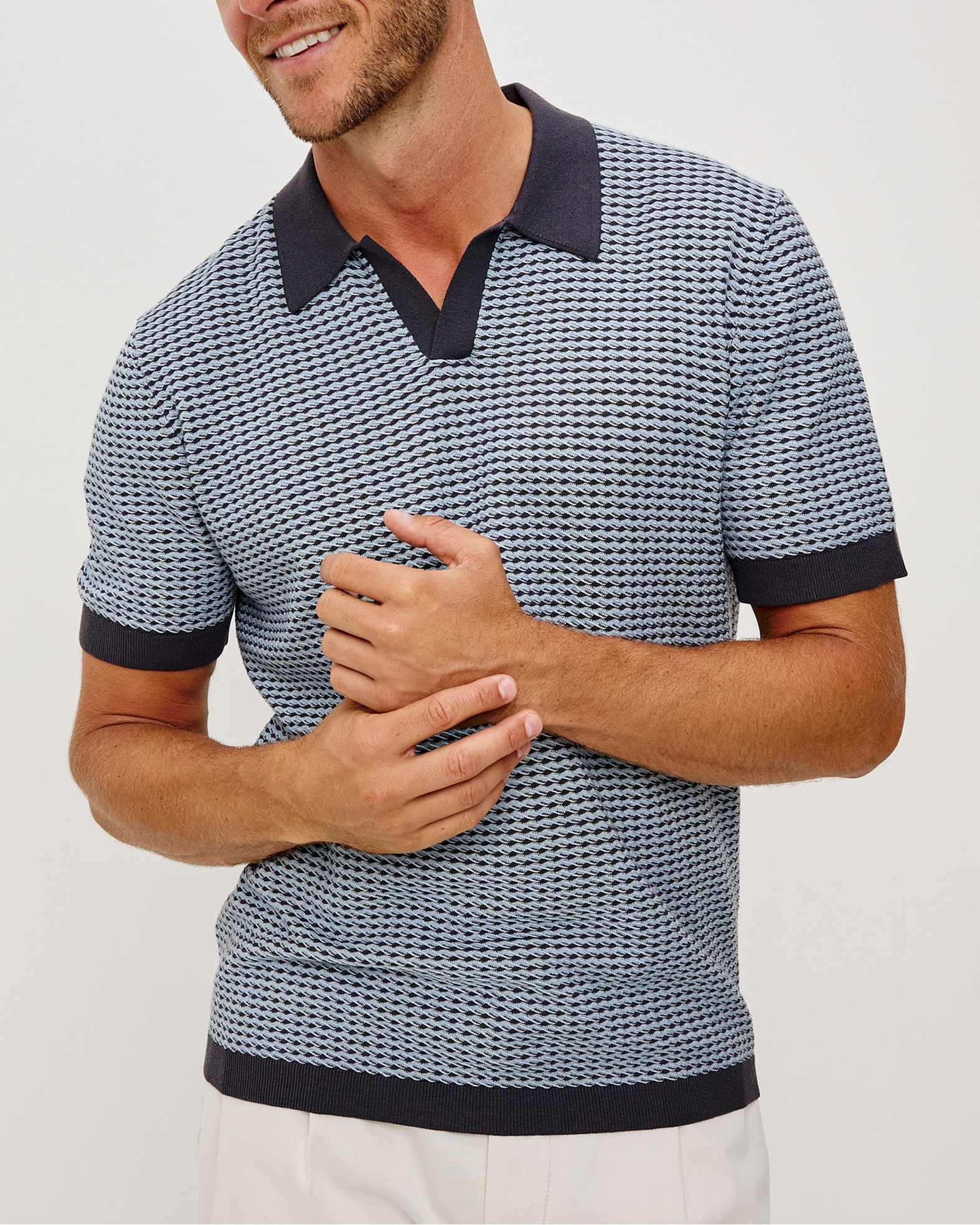 Hayden short-sleeve polo in beige multicolor cotton-silk blend with contrast collar by RAILS