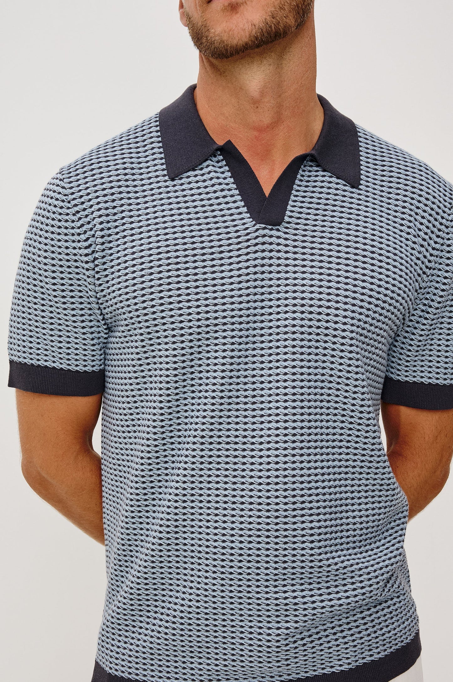 Hayden polo in blue lagoon ripple cotton-silk blend with contrast collar and trim by RAILS