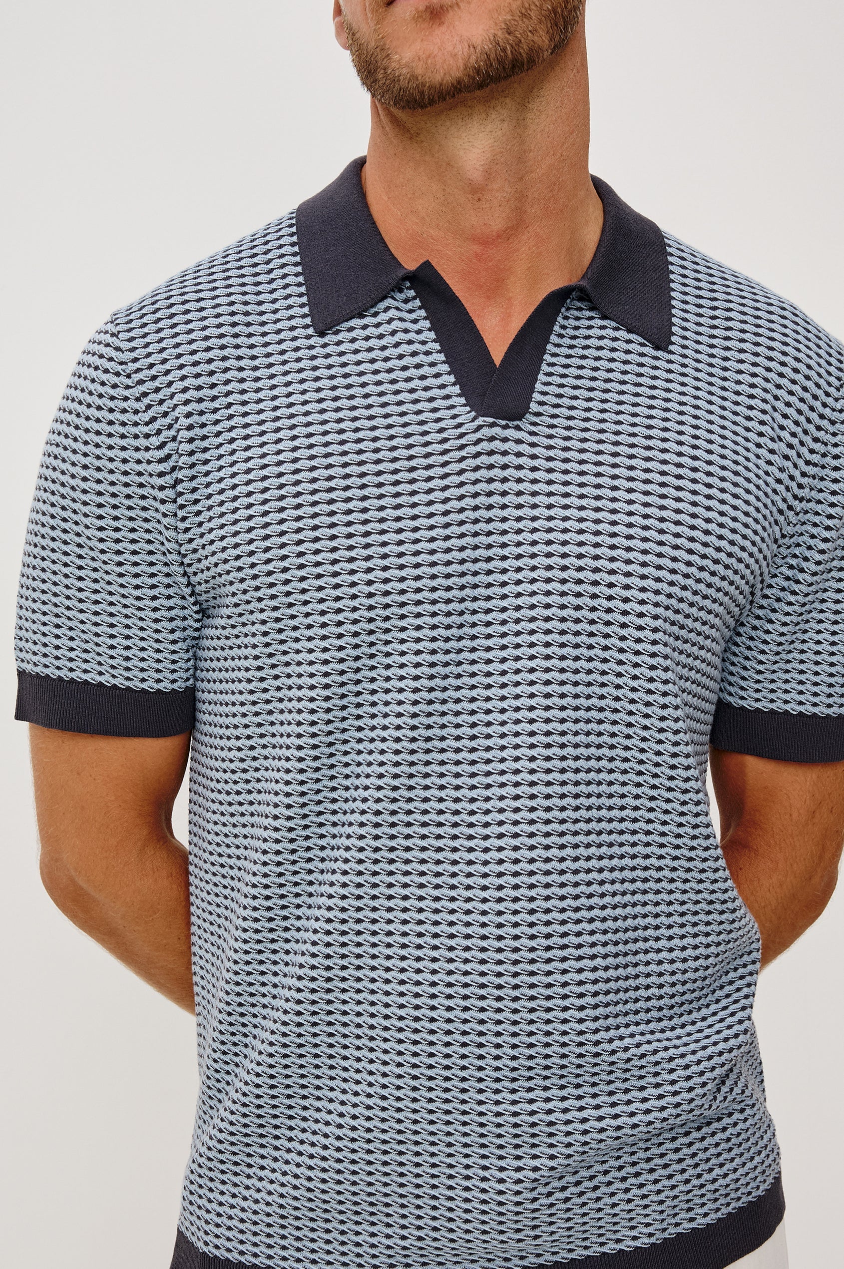 Hayden polo in blue lagoon ripple cotton-silk blend with contrast collar and trim by RAILS