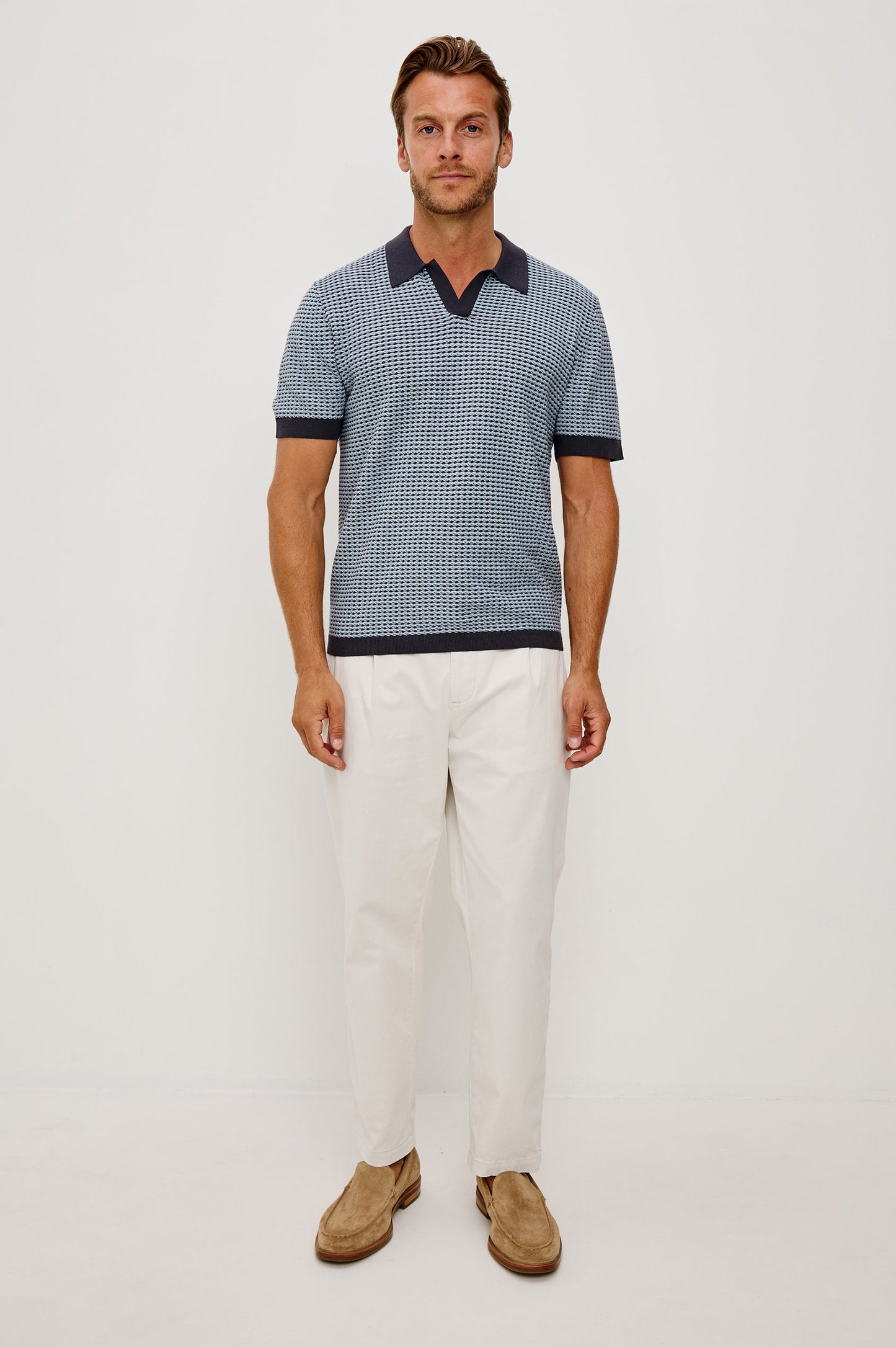 Hayden polo in blue lagoon ripple cotton-silk blend with dark collar and trim by RAILS