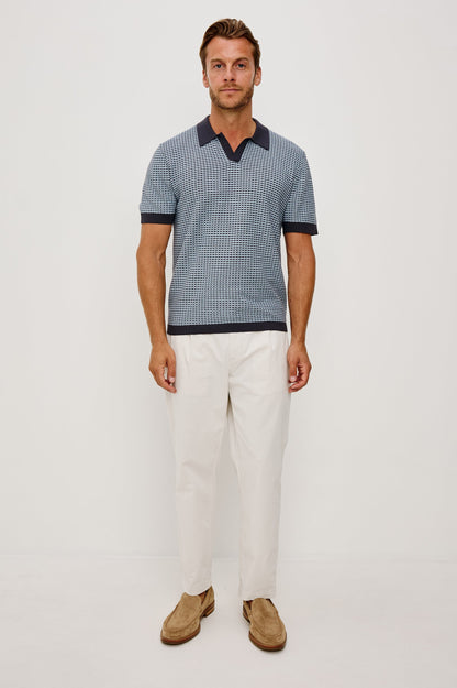 Hayden polo in blue lagoon ripple cotton-silk blend with dark collar and trim by RAILS
