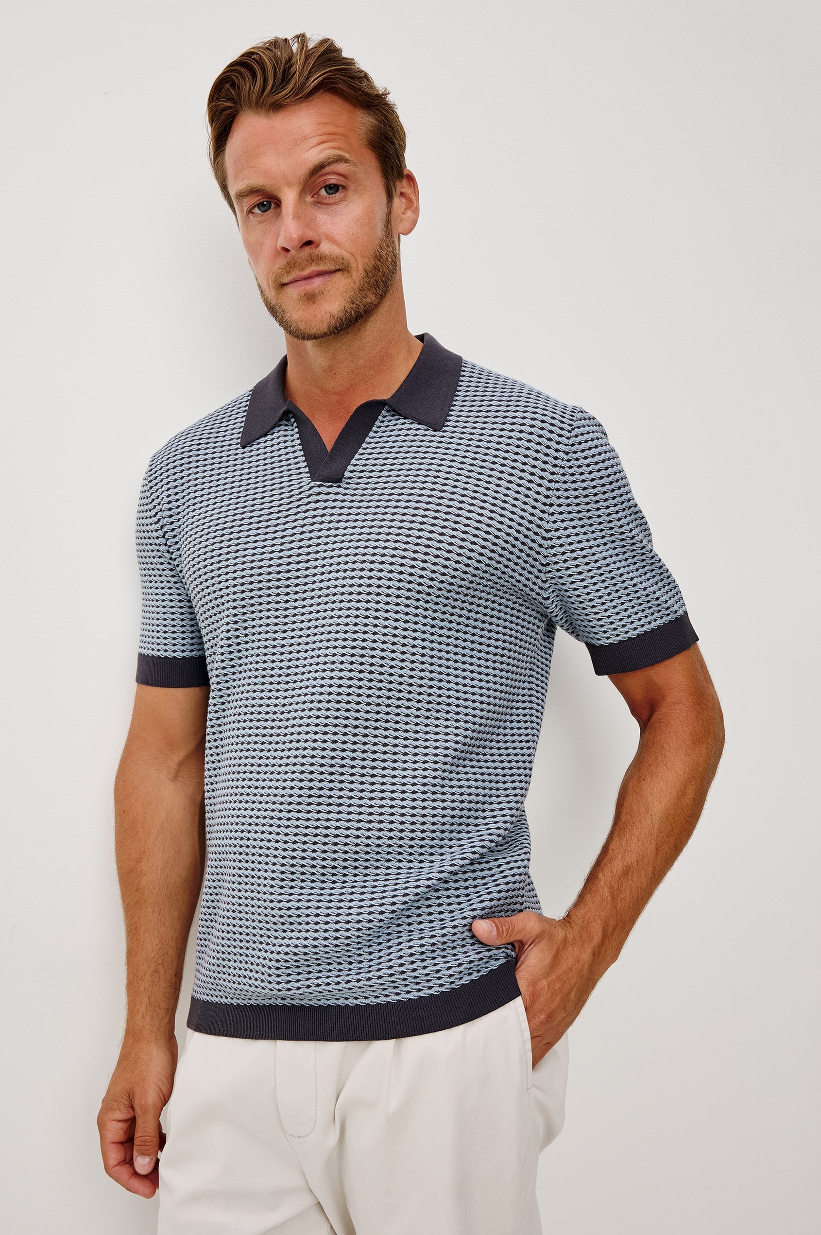 Hayden short-sleeve polo in blue lagoon cotton-silk with contrast collar and trim by RAILS