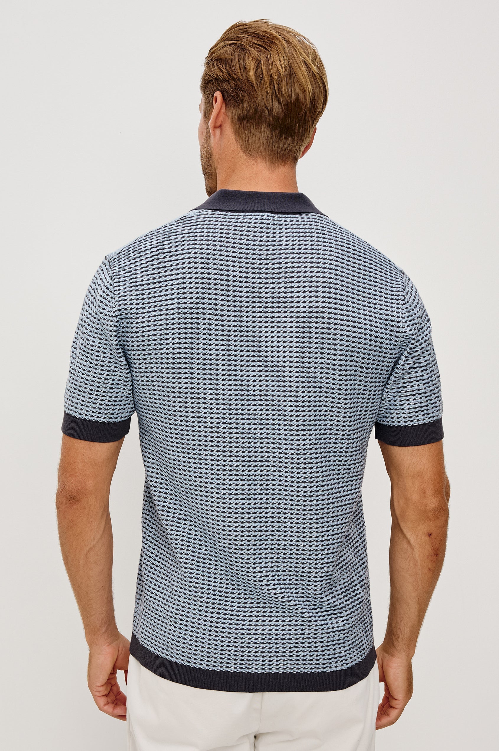 Hayden short-sleeve polo in blue lagoon ripple cotton-silk with dark contrast trim by RAILS