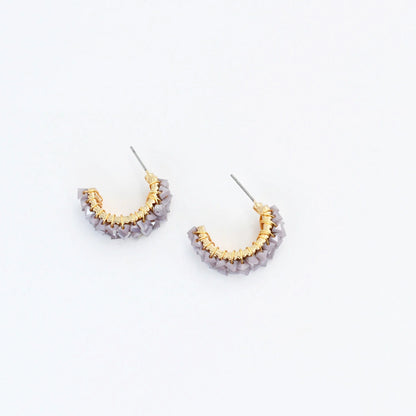 Half Lavender Stone Hoop earrings with gold and lavender stones, Treasure Jewels Women’s Jewelry