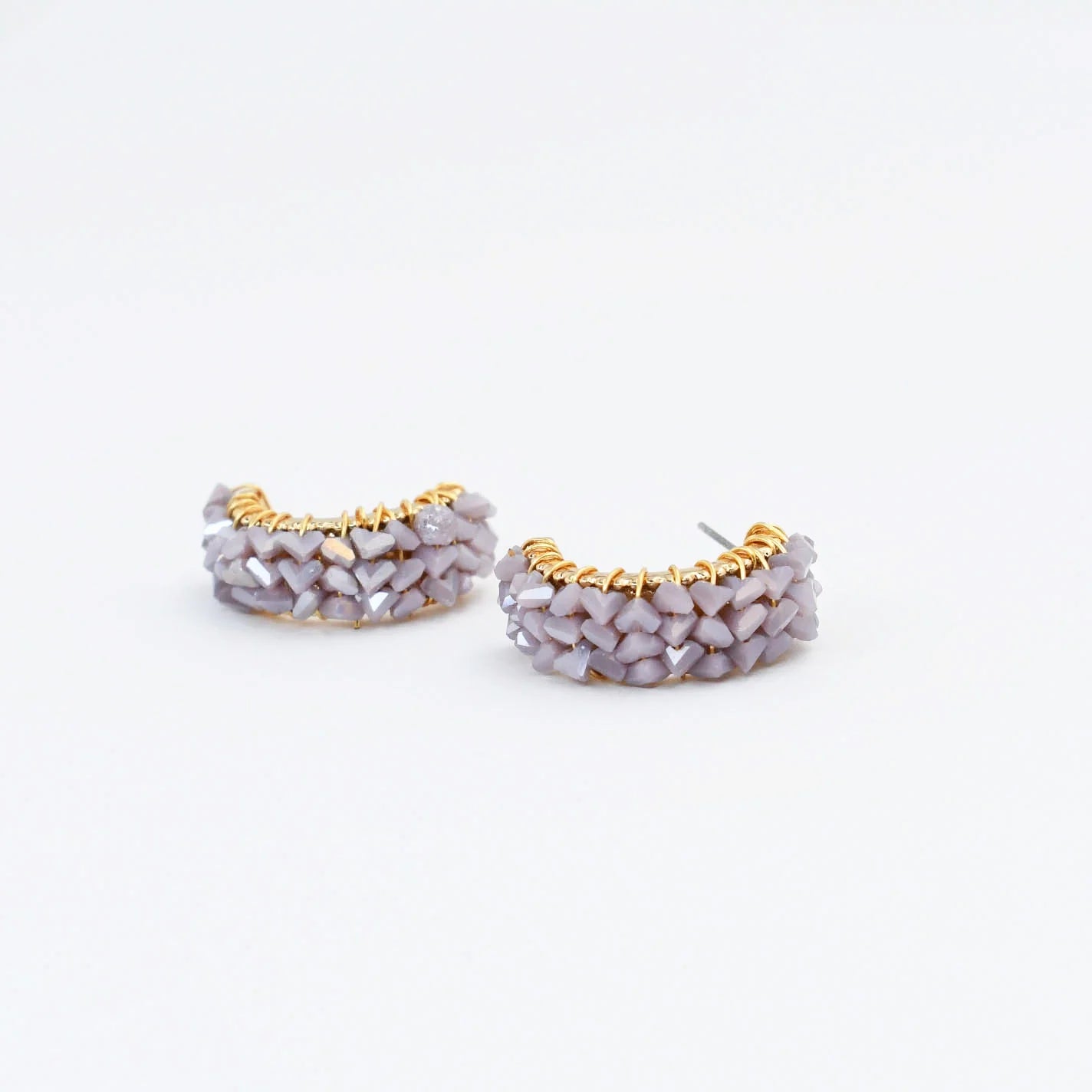 Half Lavender Stone Hoop earrings featuring gold accents and artisan stones, Treasure Jewels Women’s Jewelry