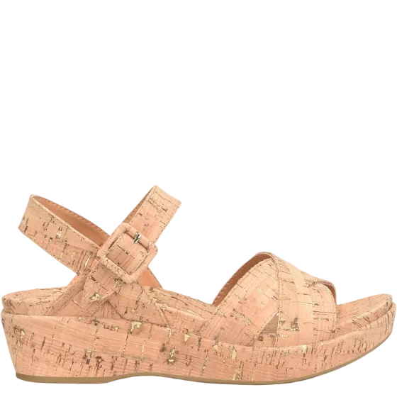 Myrna 2.0 wedge sandal in gold cork, ankle strap with buckle, open toe