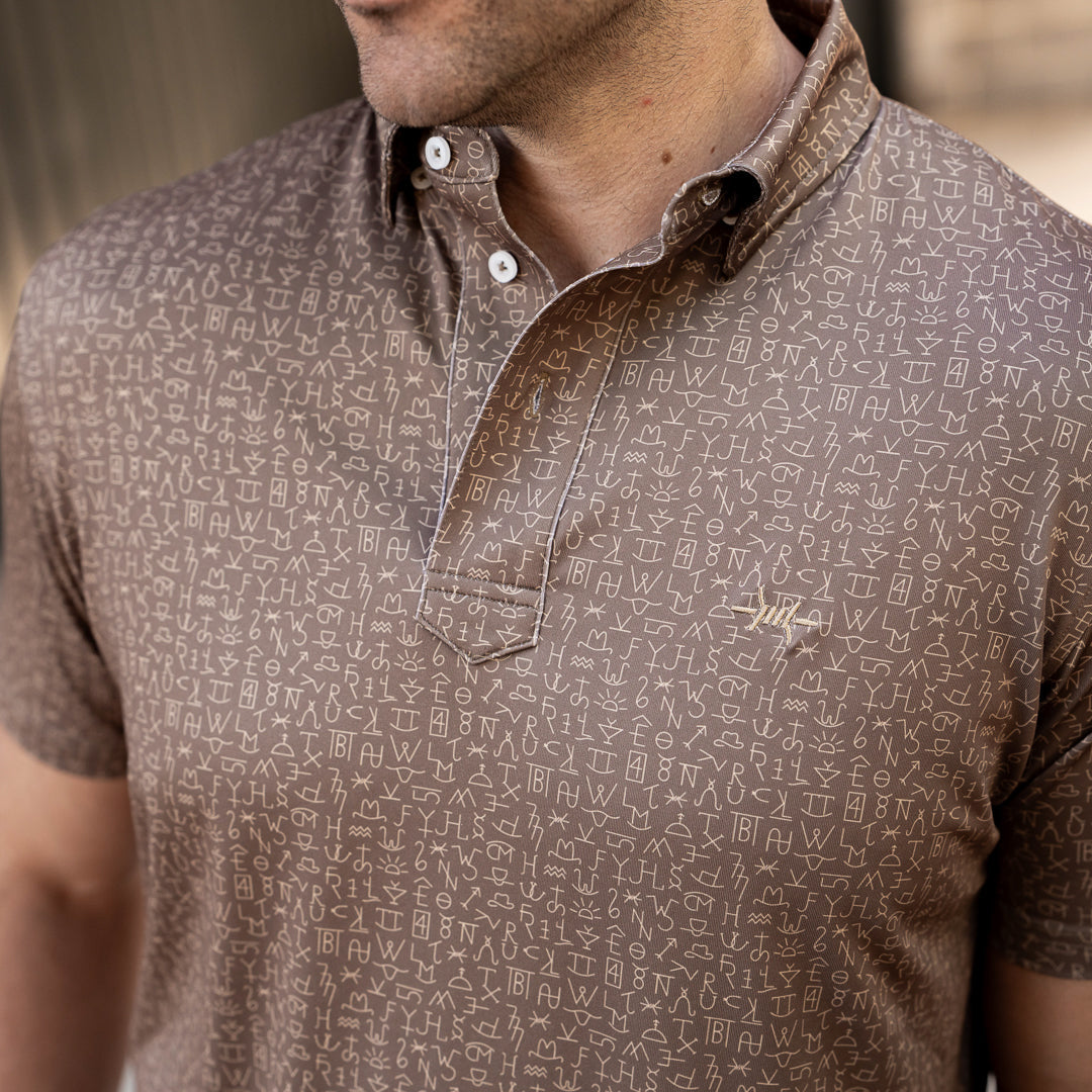 Iron polo on model, short sleeves with all-over logo print