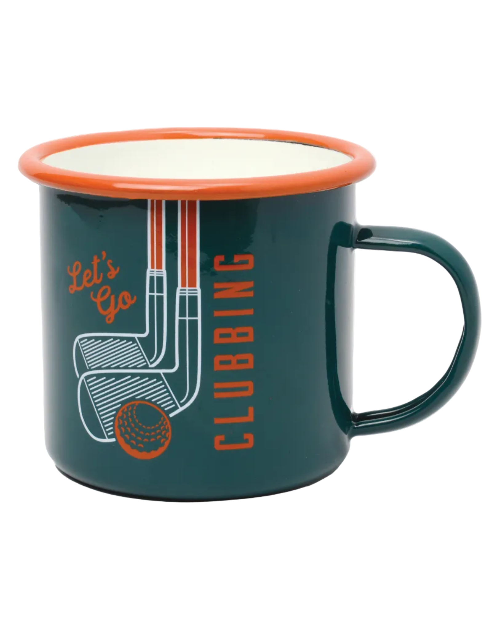 Dark green metal Golf Mug 17 Oz with an orange rim, featuring a design of golf clubs and ball and the phrase "Let's Go Clubbing" for a stylish, durable lifestyle accessory.