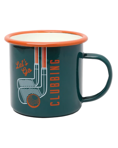 Dark green metal Golf Mug 17 Oz with an orange rim, featuring a design of golf clubs and ball and the phrase "Let's Go Clubbing" for a stylish, durable lifestyle accessory.