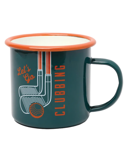 Dark green metal Golf Mug 17 Oz with an orange rim, featuring a design of golf clubs and ball and the phrase "Let's Go Clubbing" for a stylish, durable lifestyle accessory.