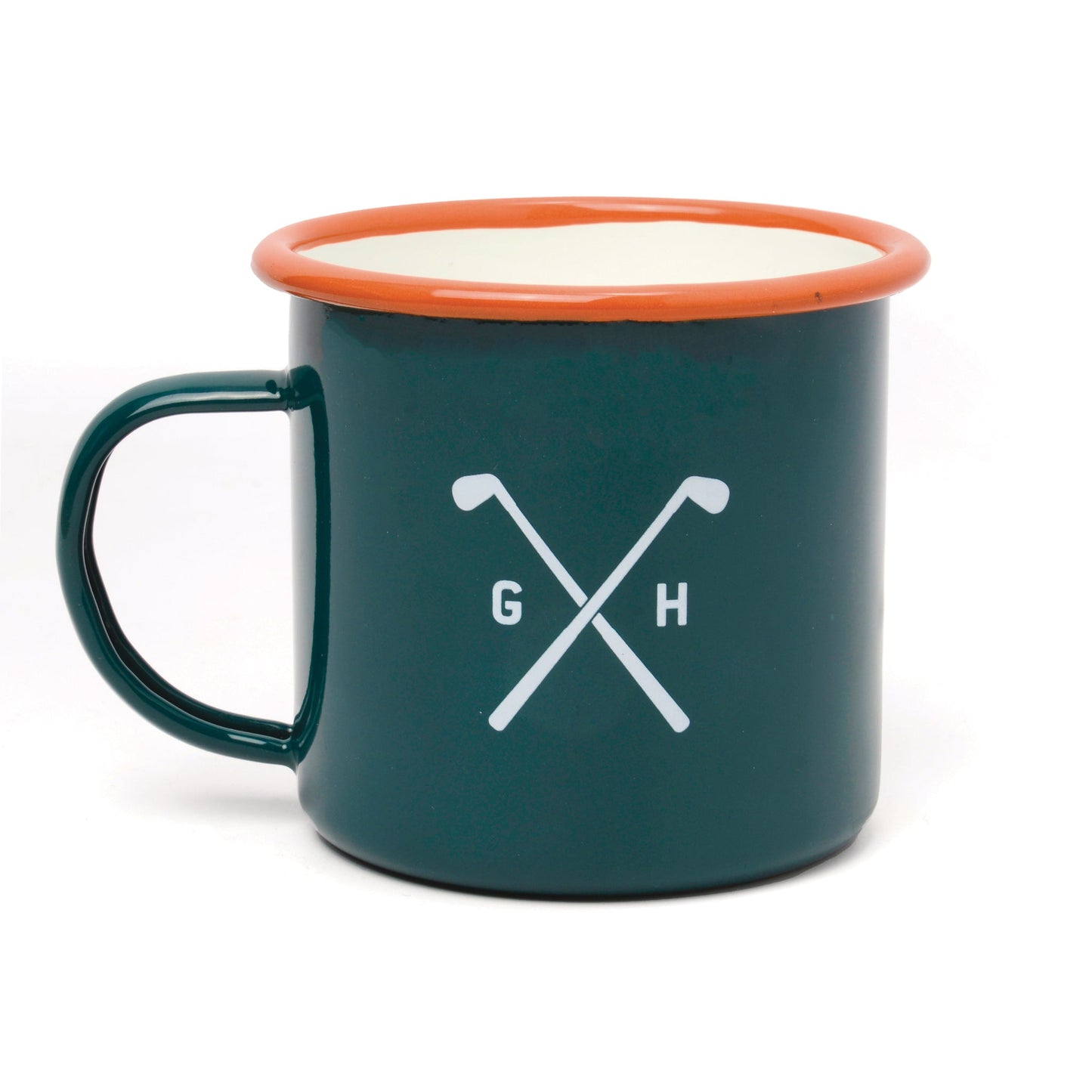 Dark green enamel Golf Mug 17 Oz with crossed golf clubs logo and contrasting orange rim, designed for durable outdoor use and effortless Hill Country style.