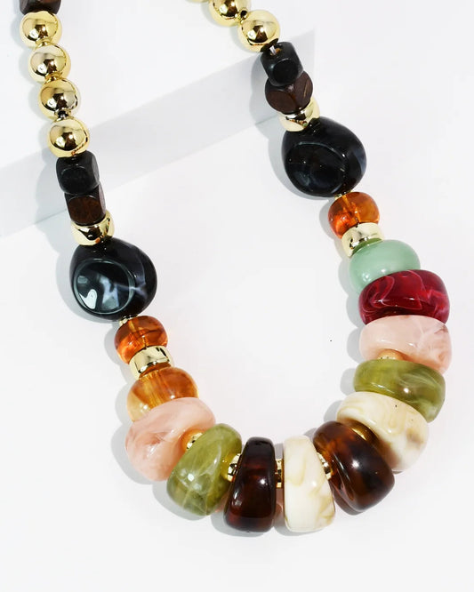Treasure Palette Necklace with colorful beads and polished gold accents