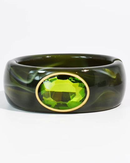Gemstone Resin Cuff Bracelet by TREASURE JEWELS, green marbled resin with oval crystal