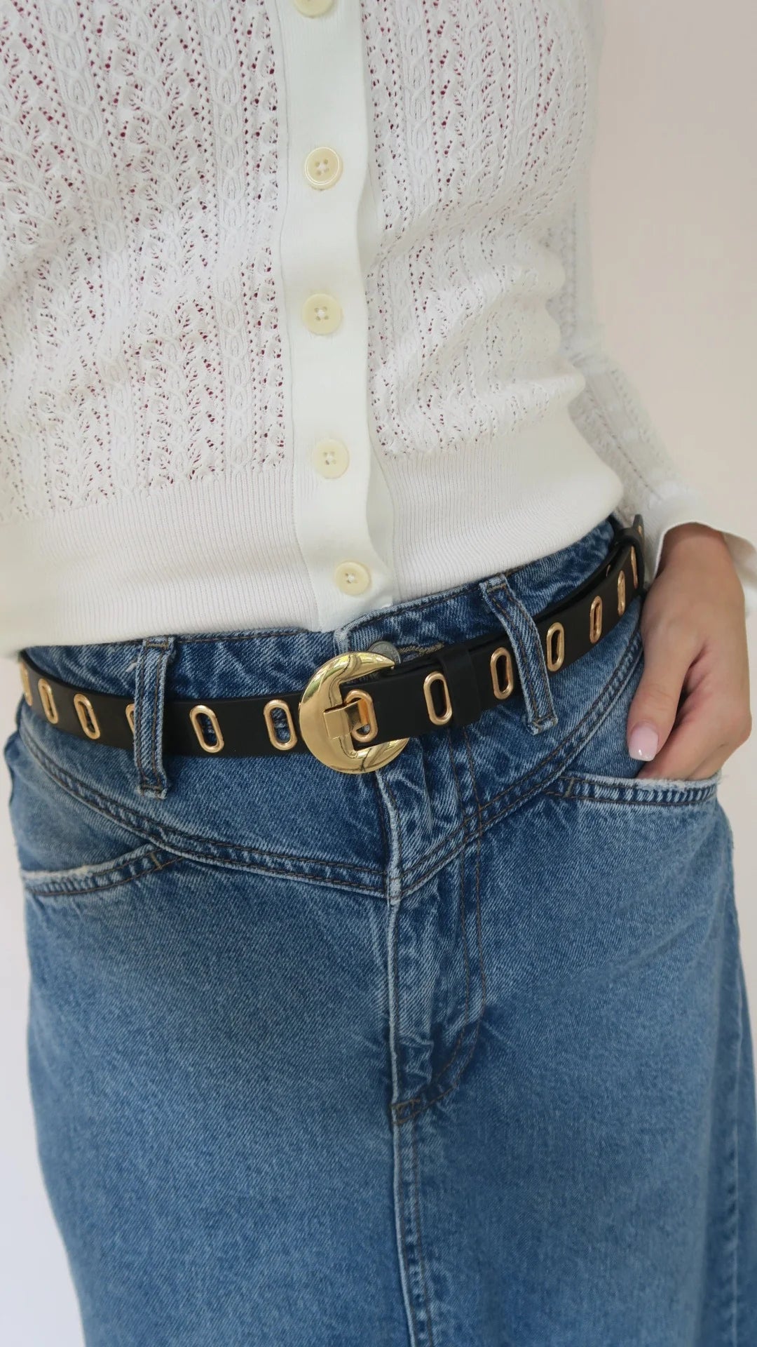 Seine Belt - Black vegan leather with gold buckle and grommets, Women's Accessories HCO