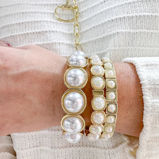 All The Pearls Stack Set with geometric gold and luxe pearl accents by TREASURE JEWELS
