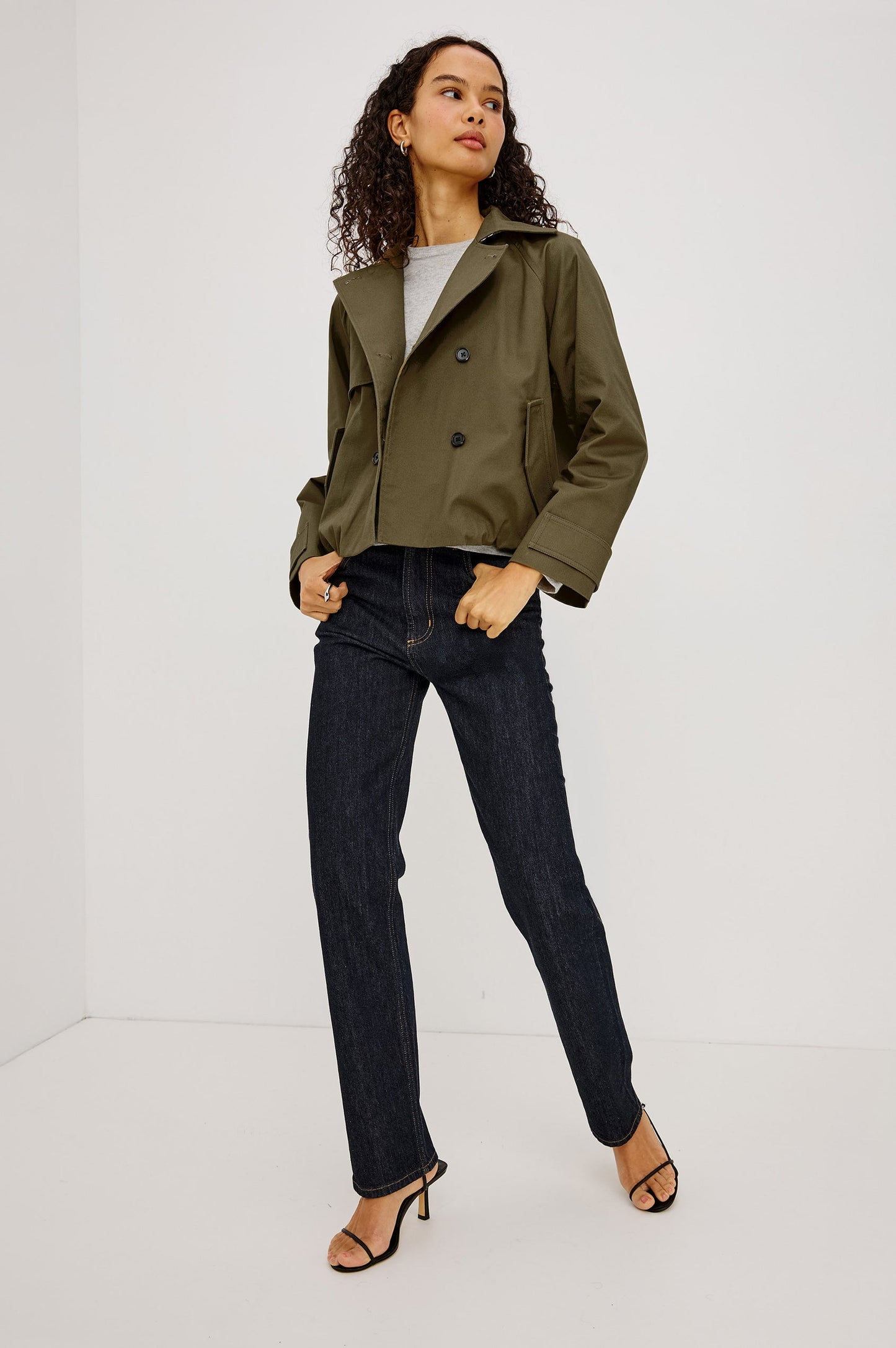 Jett - Olive cropped green cotton gabardine jacket with double-breasted front by RAILS