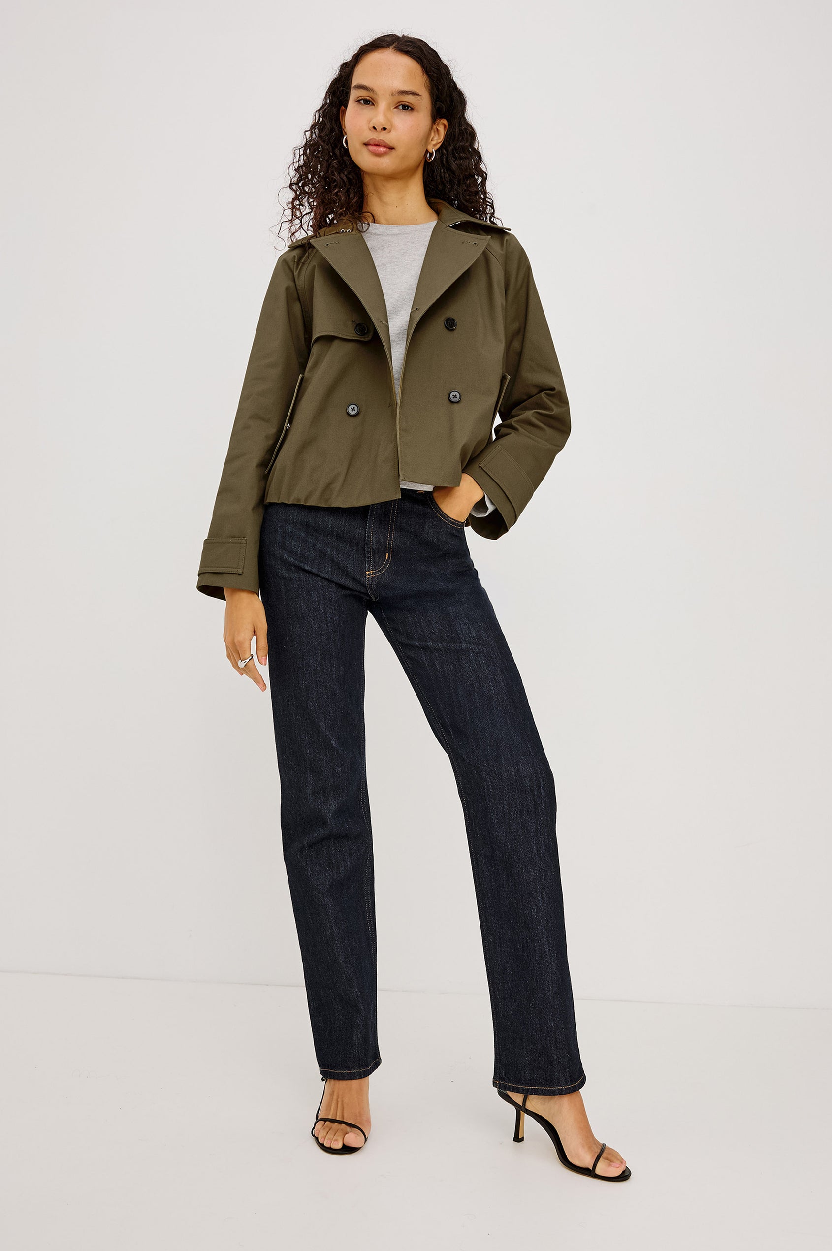 Jett - Olive cropped double-breasted trench jacket in green cotton gabardine by RAILS
