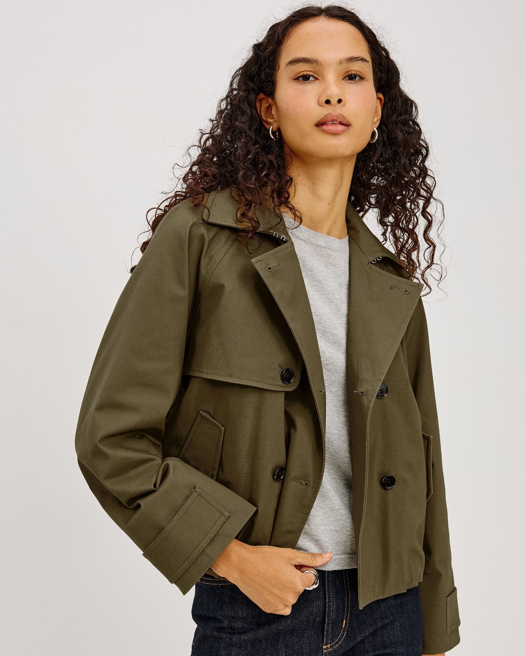 Jett - Olive cropped double-breasted trench jacket in green cotton gabardine by RAILS