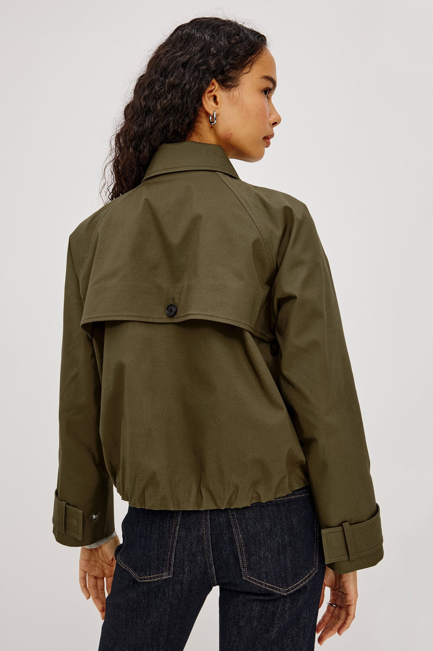 Jett - Olive cropped trench jacket in green cotton gabardine with back flap by RAILS