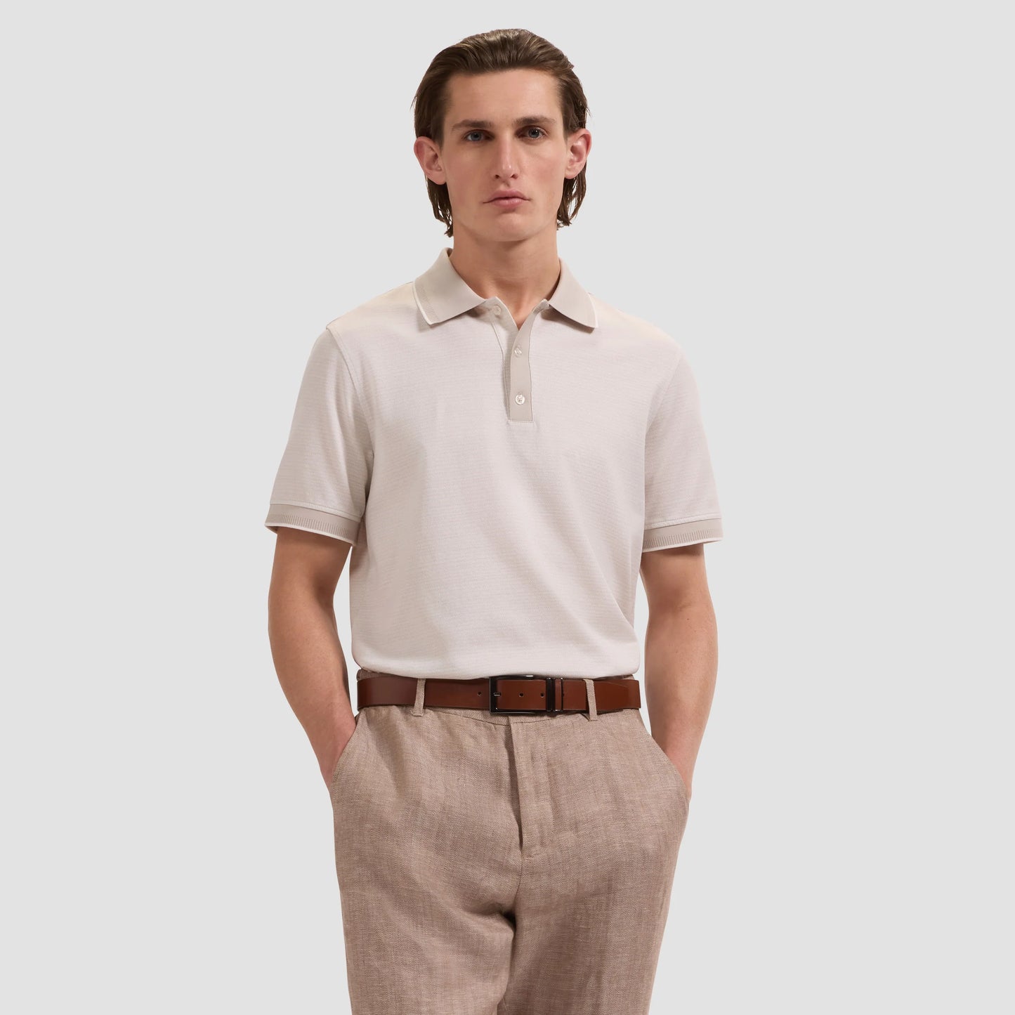 Jacquard Herringbone Three-Button Polo - Limstone in beige mercerized cotton by BUGATCHI, Men's Shirts