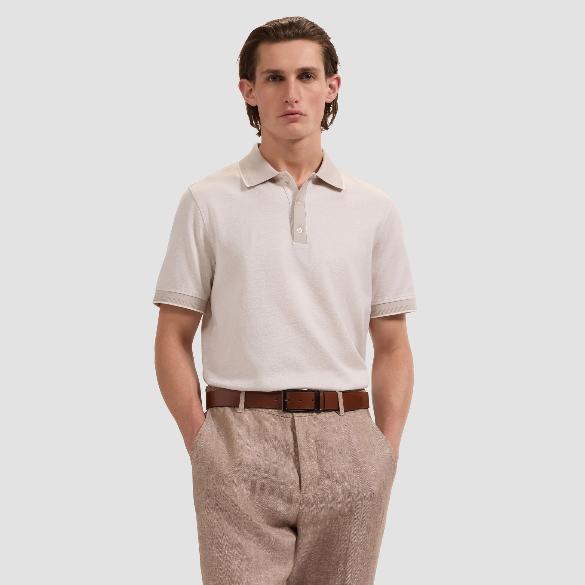 Jacquard Herringbone Three-Button Polo - Limstone in beige mercerized cotton by BUGATCHI, Men's Shirts