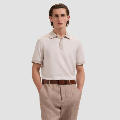Jacquard Herringbone Three-Button Polo - Limstone in beige mercerized cotton by BUGATCHI, Men's Shirts