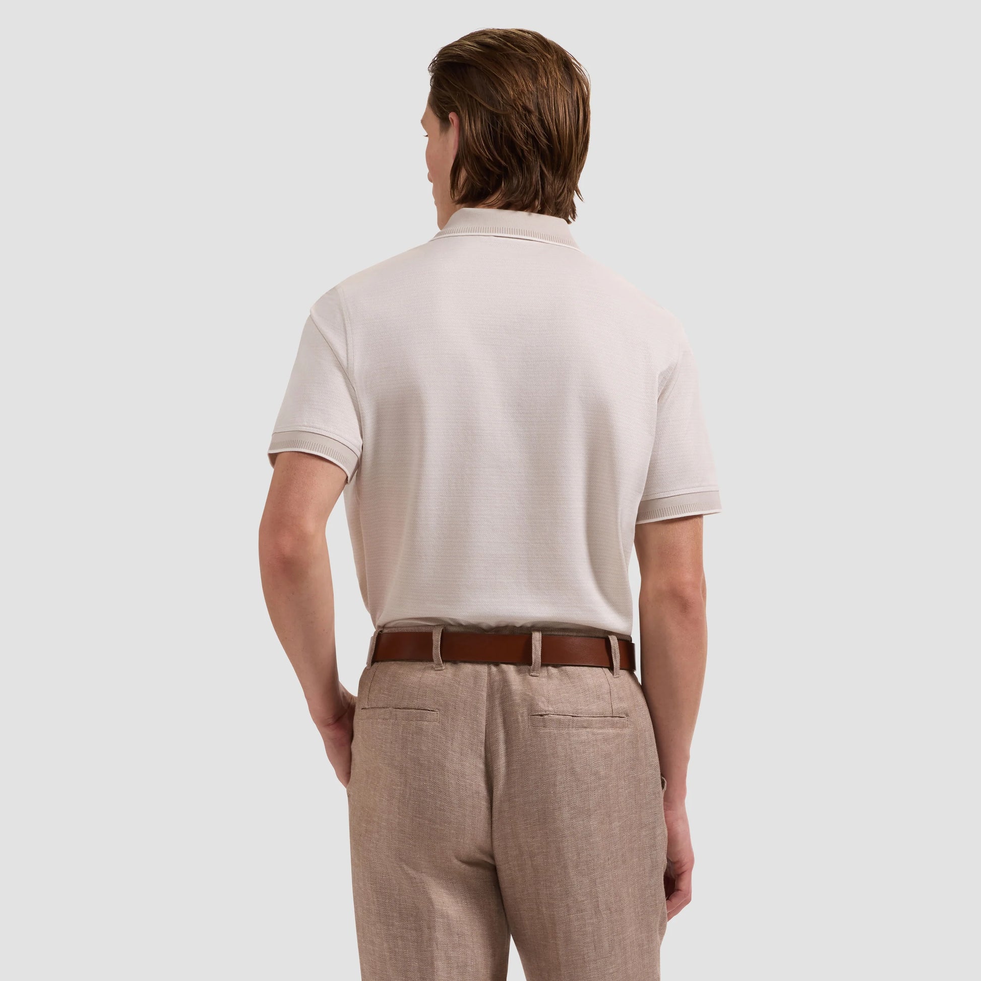 Jacquard Herringbone Three-Button Polo - Limstone in beige mercerized cotton by BUGATCHI, HCO Shirts