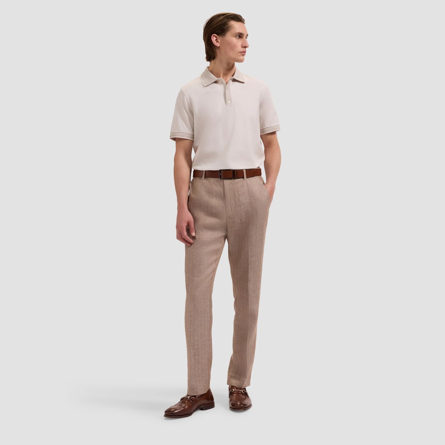 Jacquard Herringbone Three-Button Polo - Limstone in beige mercerized cotton by BUGATCHI, HCO Shirts