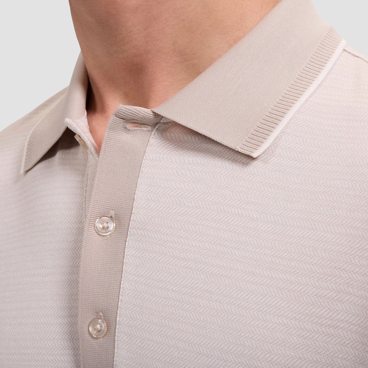 Jacquard Herringbone Three-Button Polo - Limstone in beige mercerized cotton by BUGATCHI, HCO shirt