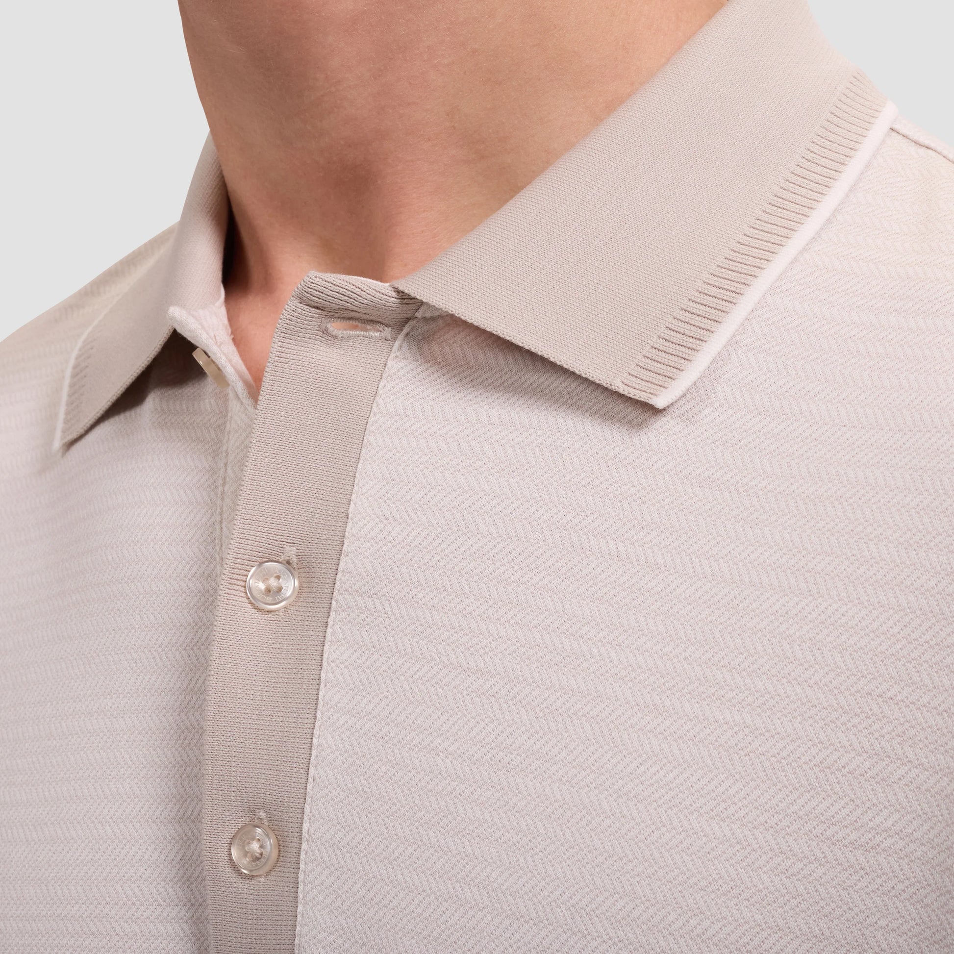Jacquard Herringbone Three-Button Polo - Limstone in beige mercerized cotton by BUGATCHI, HCO shirt