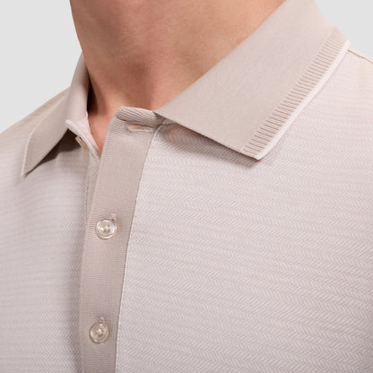Jacquard Herringbone Three-Button Polo - Limstone in beige mercerized cotton by BUGATCHI, HCO shirt