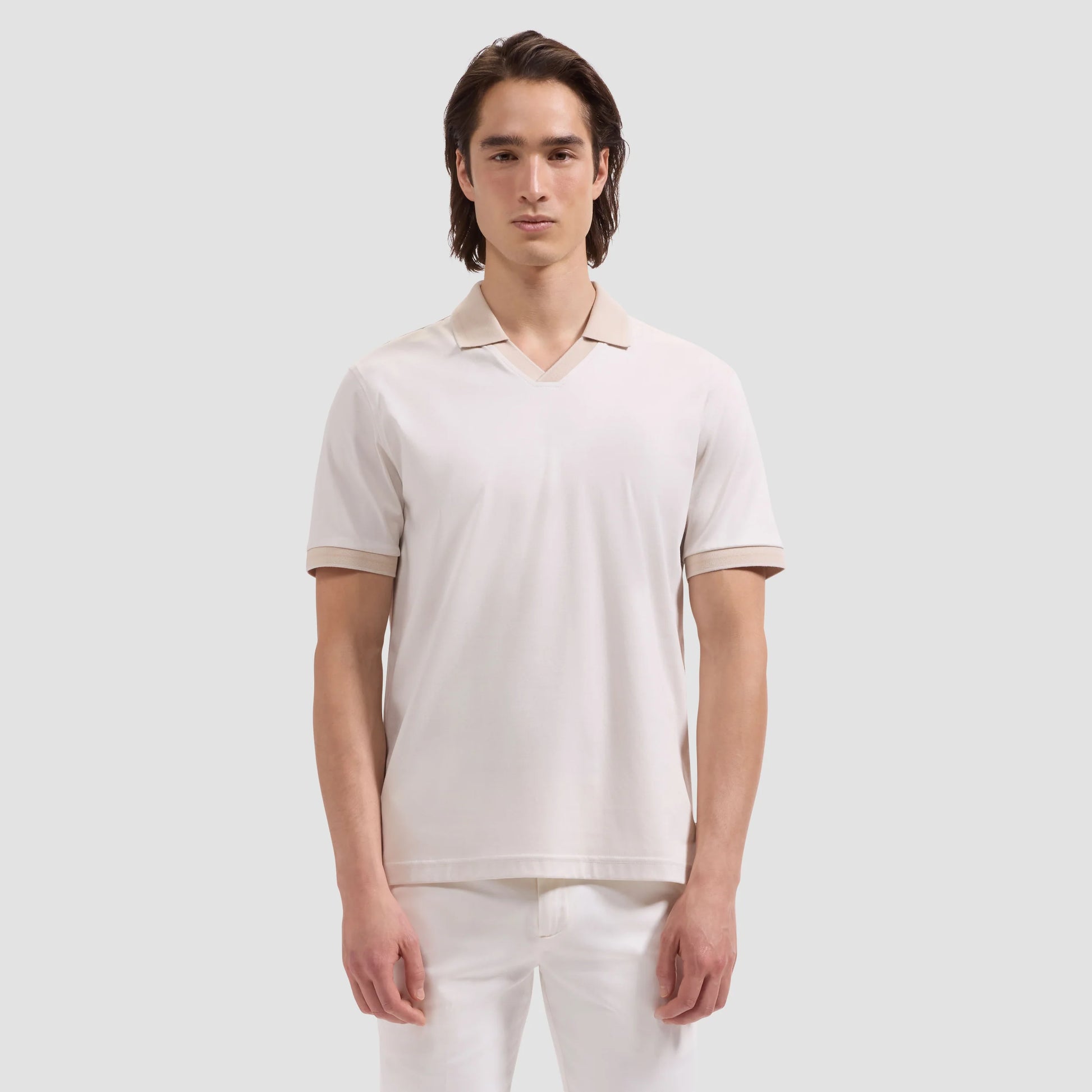 Solid Pima Johnny Collar Polo- Ivory in beige and white Pima cotton, men's short sleeve shirt