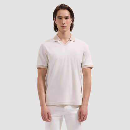 Solid Pima Johnny Collar Polo- Ivory in beige and white Pima cotton, men's short sleeve shirt