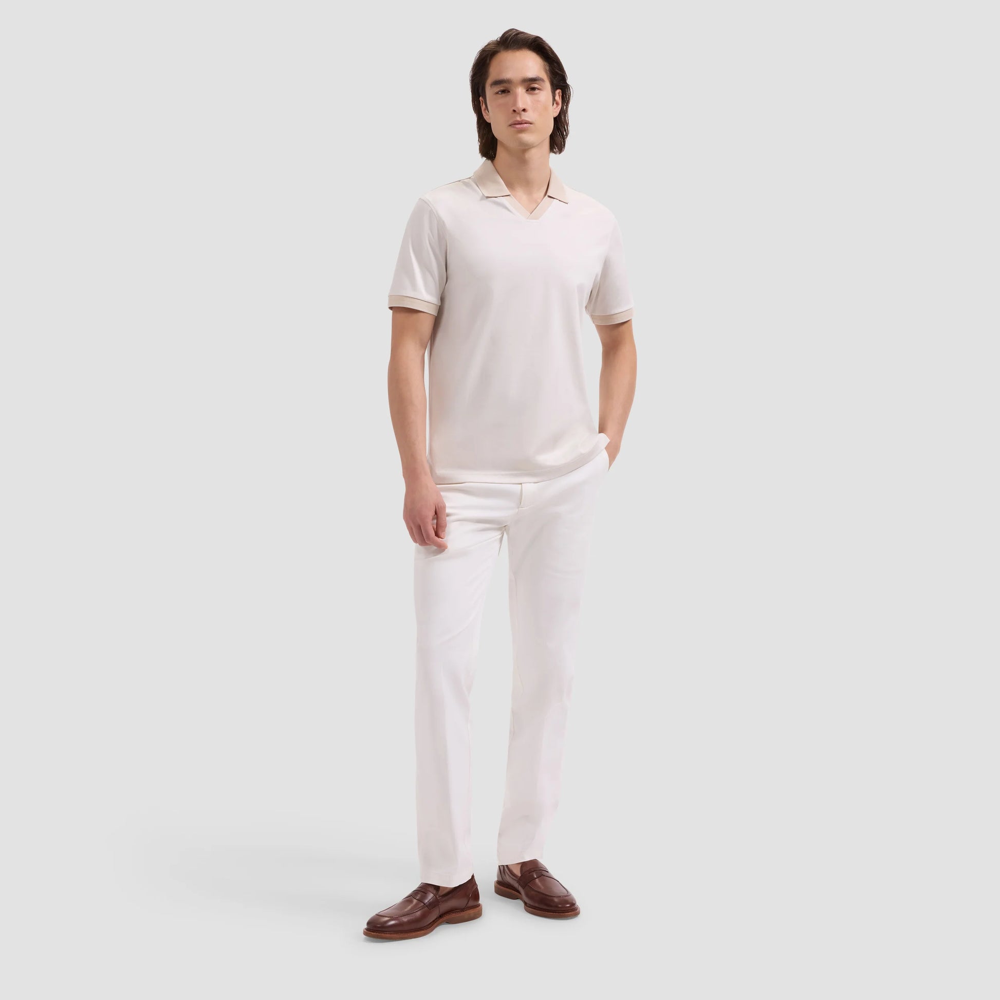 Solid Pima Johnny Collar Polo- Ivory in beige and white Pima cotton, Bugatchi men's short sleeve shirt