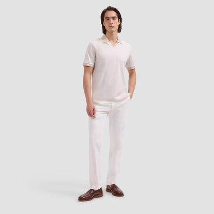 Solid Pima Johnny Collar Polo- Ivory in beige and white Pima cotton, Bugatchi men's short sleeve shirt