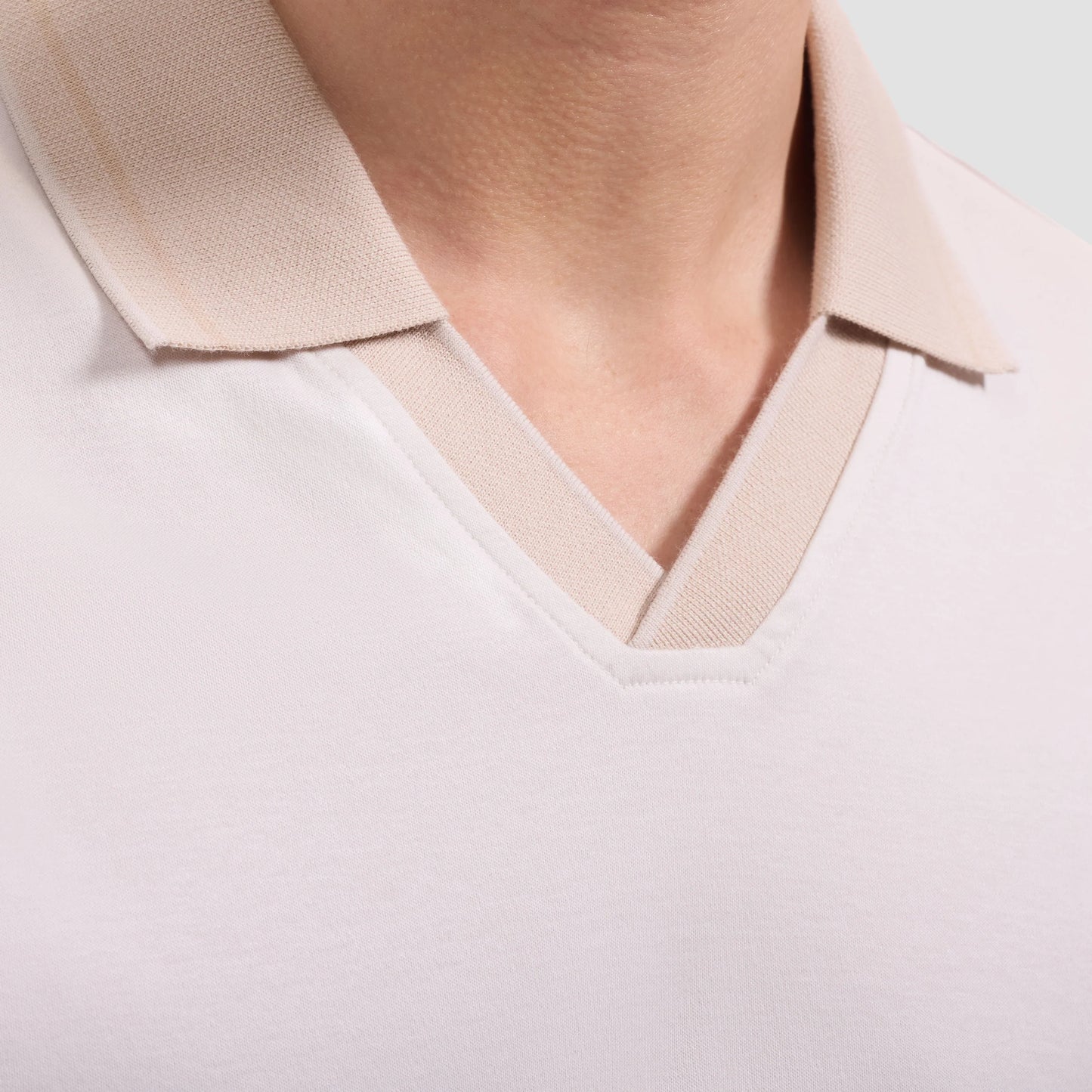 Solid Pima Johnny Collar Polo- Ivory in beige and white Pima cotton by BUGATCHI, men's shirt detail