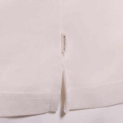 Solid Pima Johnny Collar Polo- Ivory with side vents and BUGATCHI label, men's short sleeve shirt