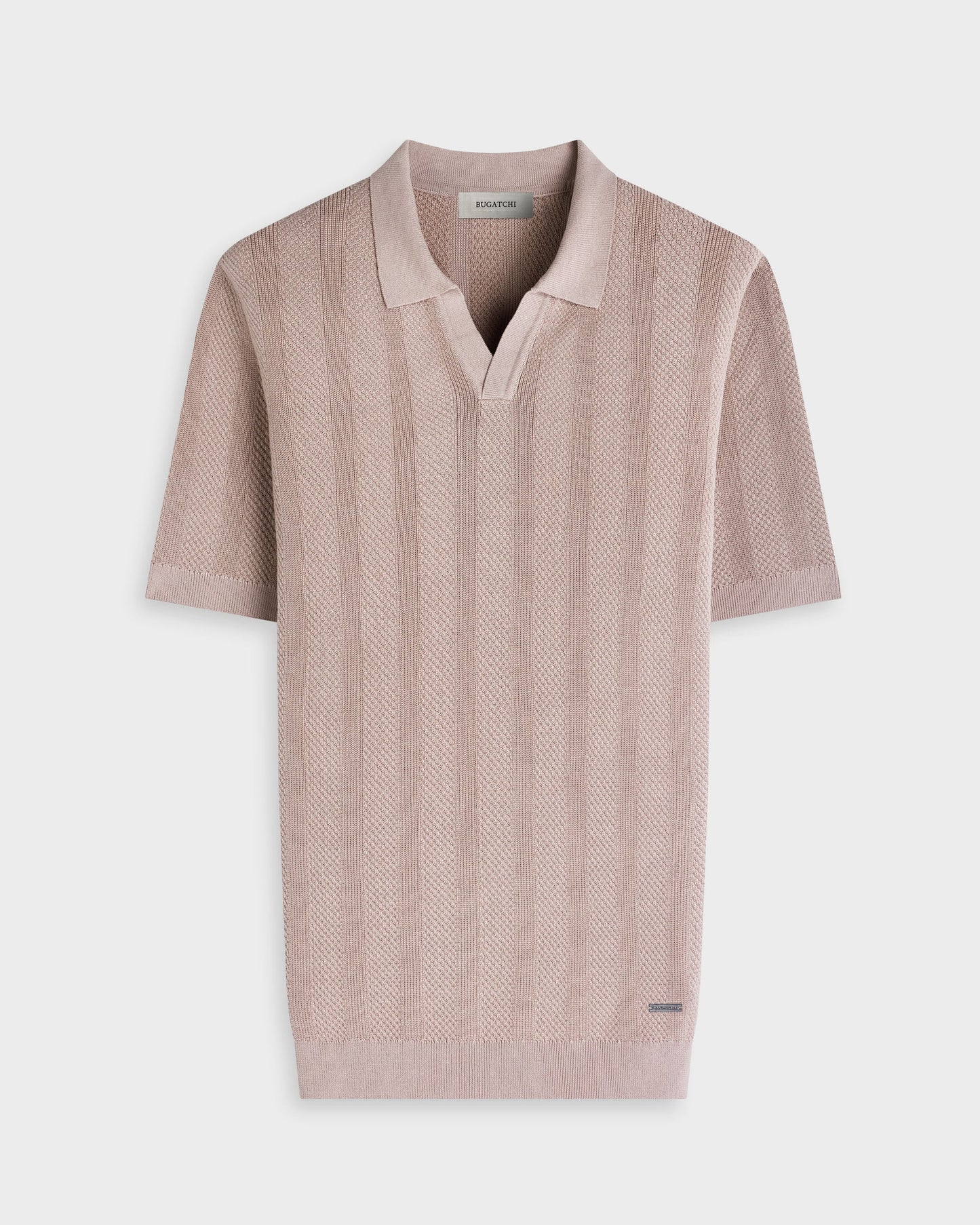 Textured Stripe Johnny Collar Short-Sleeve Sweater - Sand in stretch cotton blend by BUGATCHI