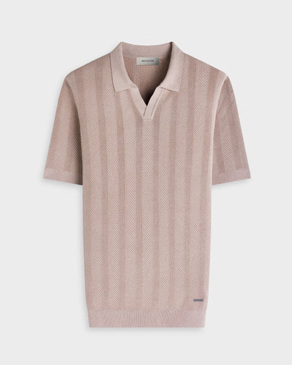 Textured Stripe Johnny Collar Short-Sleeve Sweater - Sand in stretch cotton blend by BUGATCHI