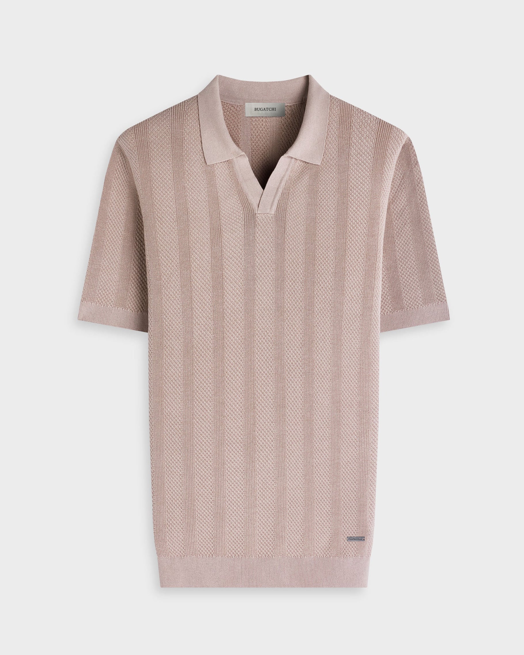 Textured Stripe Johnny Collar Short-Sleeve Sweater - Sand in stretch cotton blend by BUGATCHI
