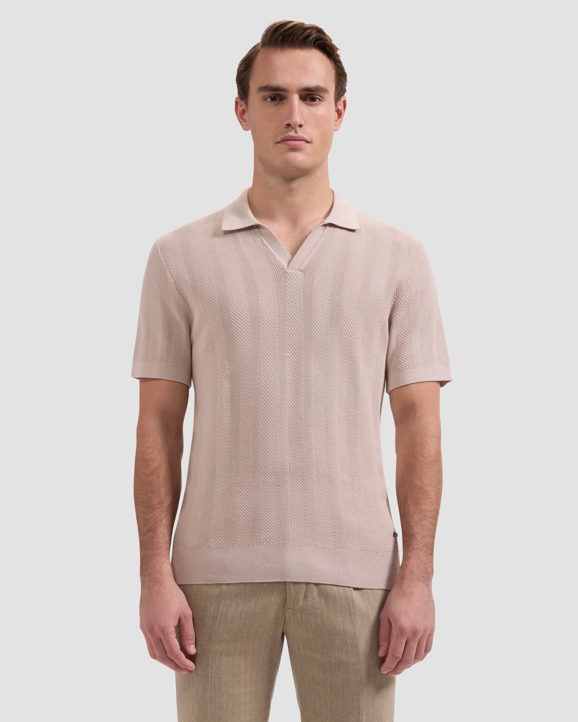Textured Stripe Johnny Collar Short-Sleeve Sweater - Sand in breathable stretch fabric by BUGATCHI