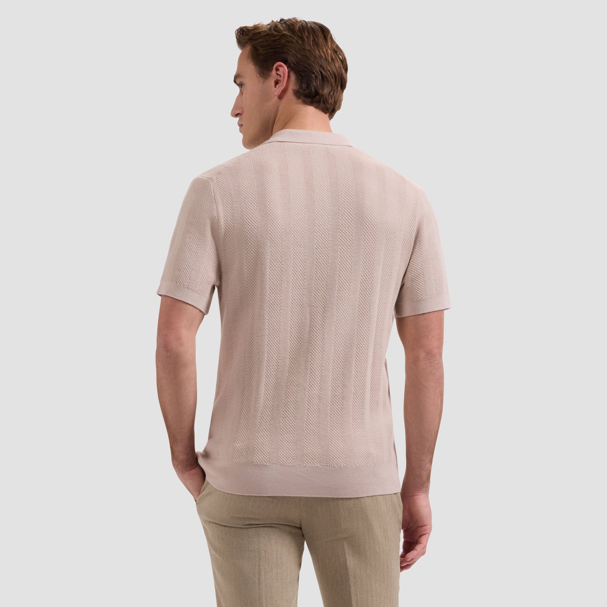 Textured Stripe Johnny Collar Short-Sleeve Sweater - Sand in stretch cotton blend by BUGATCHI