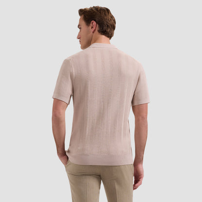 Textured Stripe Johnny Collar Short-Sleeve Sweater - Sand in stretch cotton blend by BUGATCHI